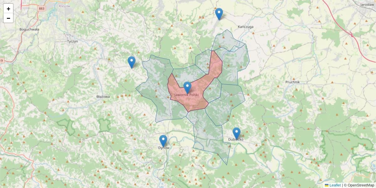 Szczegółowa mapa kodu pocztowego 37-232 z granicami, sąsiednimi kodami pocztowymi i urzędami pocztowymi