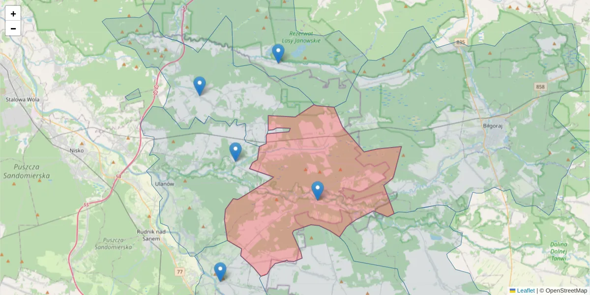 Szczegółowa mapa kodu pocztowego 37-413 z granicami, sąsiednimi kodami pocztowymi i urzędami pocztowymi