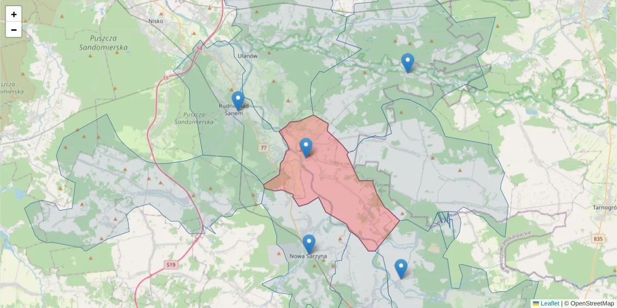 Szczegółowa mapa kodu pocztowego 37-418 z granicami, sąsiednimi kodami pocztowymi i urzędami pocztowymi