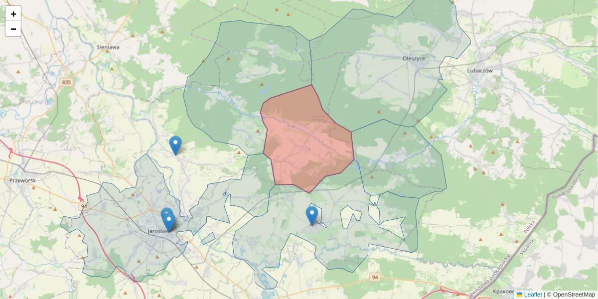 Szczegółowa mapa kodu pocztowego 37-544 z granicami, sąsiednimi kodami pocztowymi i urzędami pocztowymi