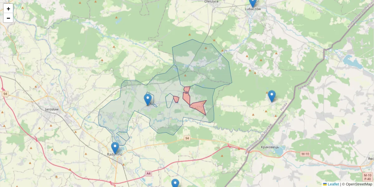 Szczegółowa mapa kodu pocztowego 37-545 z granicami, sąsiednimi kodami pocztowymi i urzędami pocztowymi
