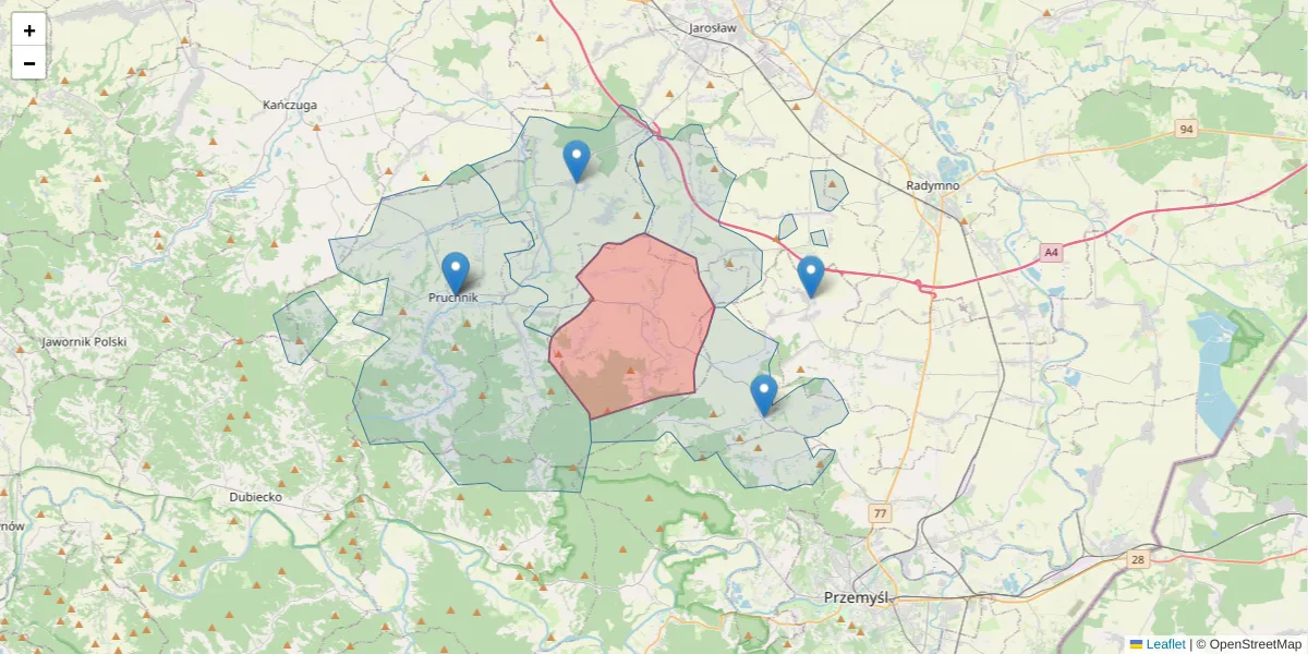 Szczegółowa mapa kodu pocztowego 37-562 z granicami, sąsiednimi kodami pocztowymi i urzędami pocztowymi