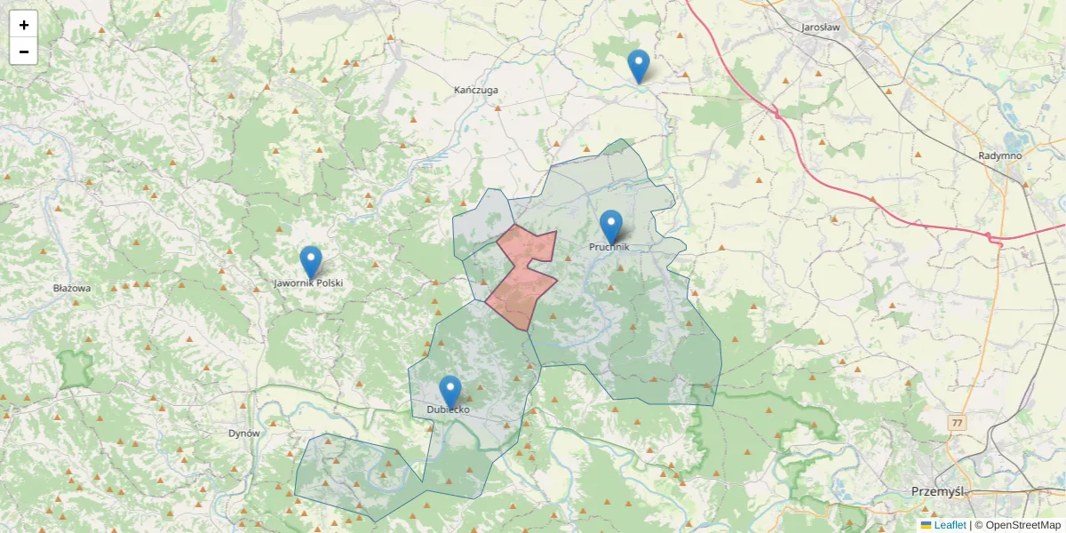 Szczegółowa mapa kodu pocztowego 37-564 z granicami, sąsiednimi kodami pocztowymi i urzędami pocztowymi