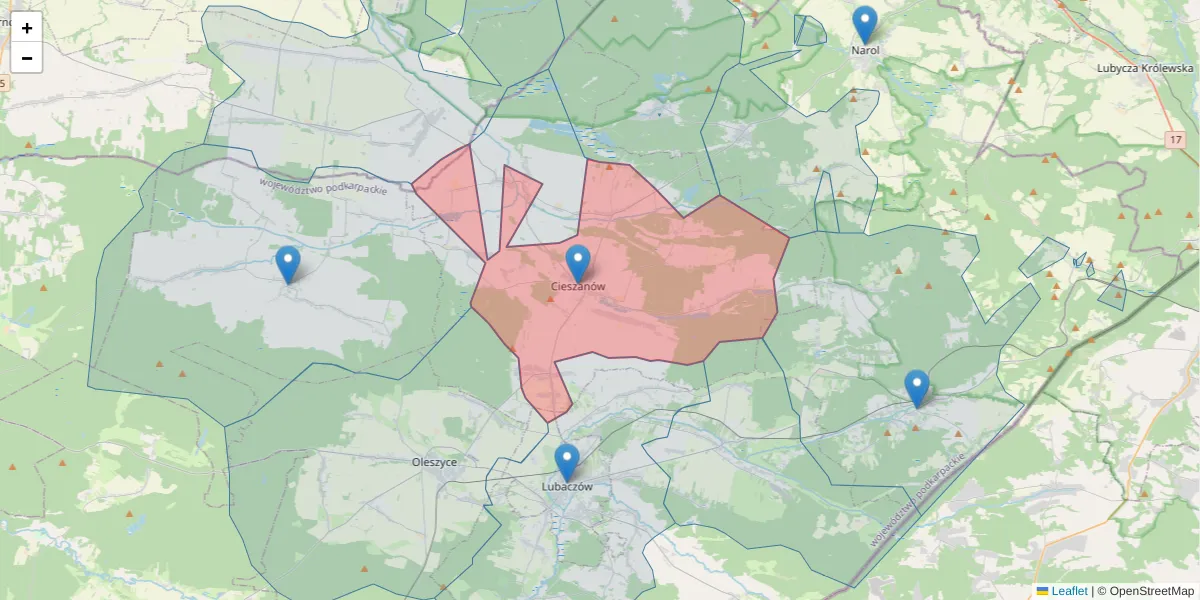 Szczegółowa mapa kodu pocztowego 37-611 z granicami, sąsiednimi kodami pocztowymi i urzędami pocztowymi
