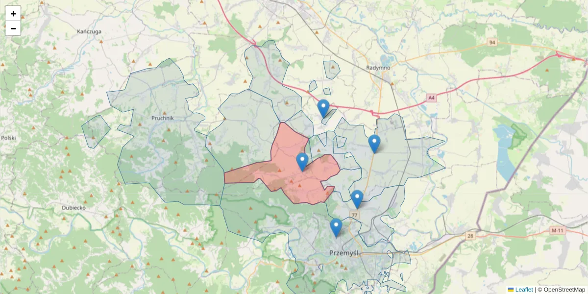 Szczegółowa mapa kodu pocztowego 37-713 z granicami, sąsiednimi kodami pocztowymi i urzędami pocztowymi