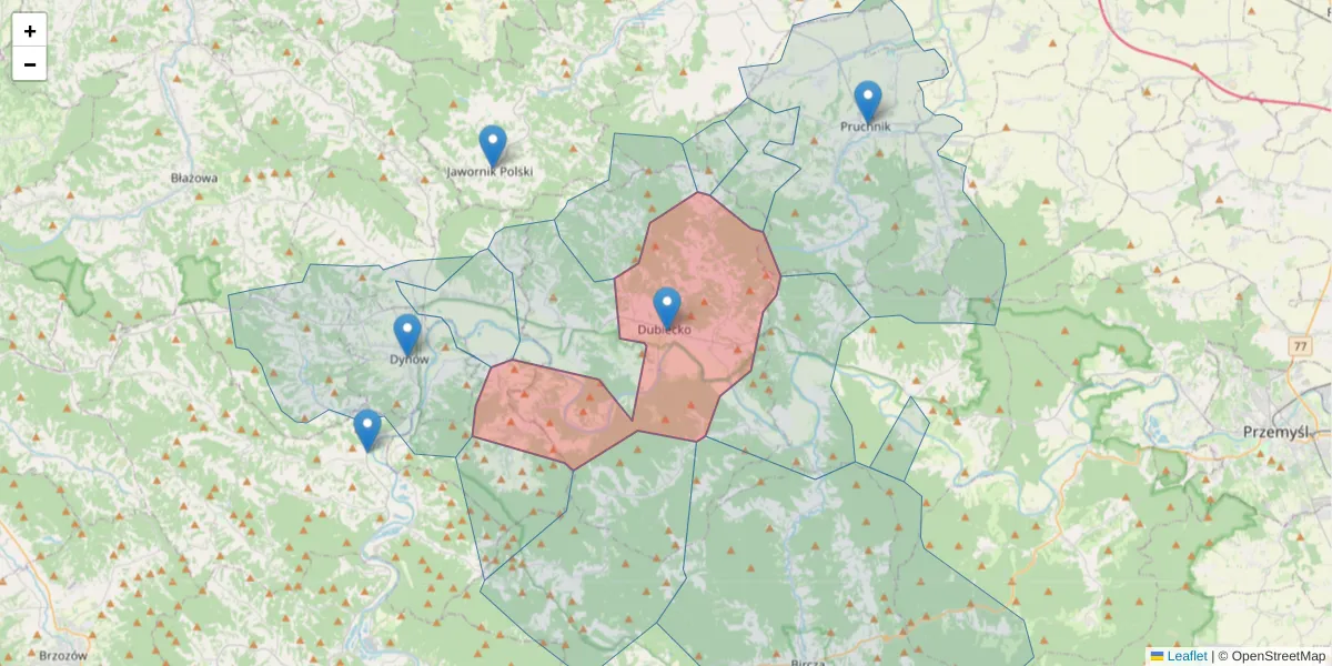 Szczegółowa mapa kodu pocztowego 37-750 z granicami, sąsiednimi kodami pocztowymi i urzędami pocztowymi