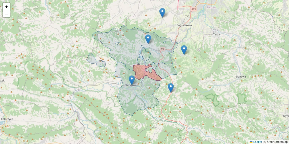Szczegółowa mapa kodu pocztowego 38-103 z granicami, sąsiednimi kodami pocztowymi i urzędami pocztowymi