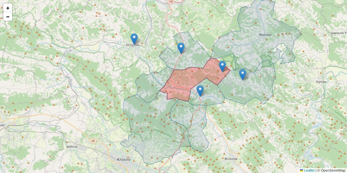 Szczegółowa mapa kodu pocztowego 38-112 z granicami, sąsiednimi kodami pocztowymi i urzędami pocztowymi