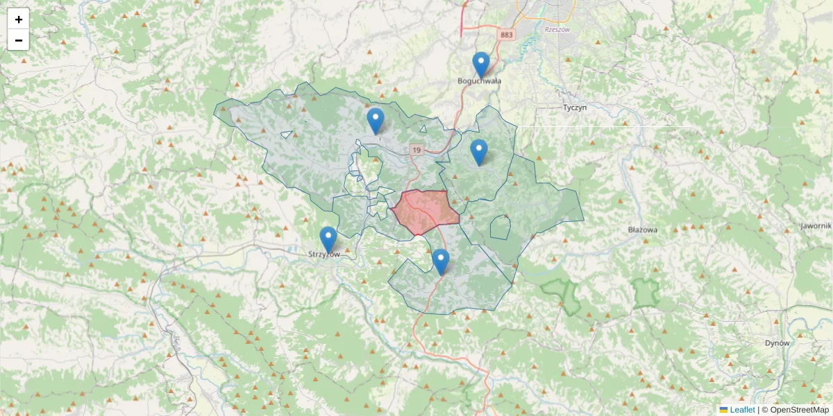 Szczegółowa mapa kodu pocztowego 38-115 z granicami, sąsiednimi kodami pocztowymi i urzędami pocztowymi