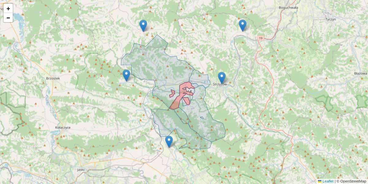 Szczegółowa mapa kodu pocztowego 38-126 z granicami, sąsiednimi kodami pocztowymi i urzędami pocztowymi