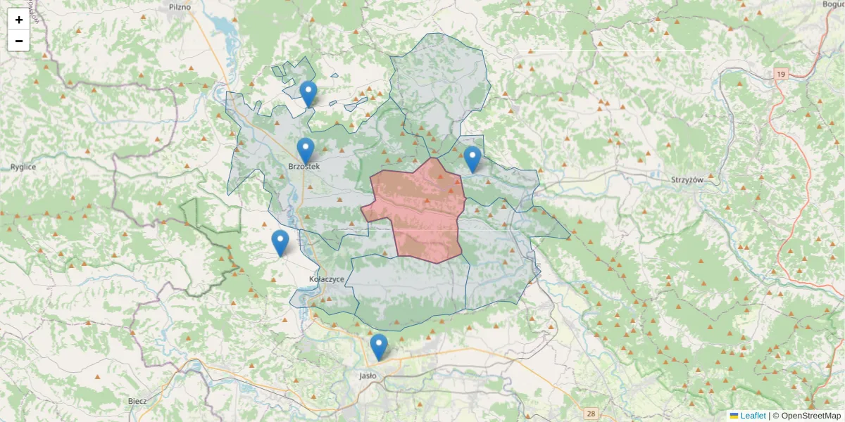Szczegółowa mapa kodu pocztowego 38-131 z granicami, sąsiednimi kodami pocztowymi i urzędami pocztowymi