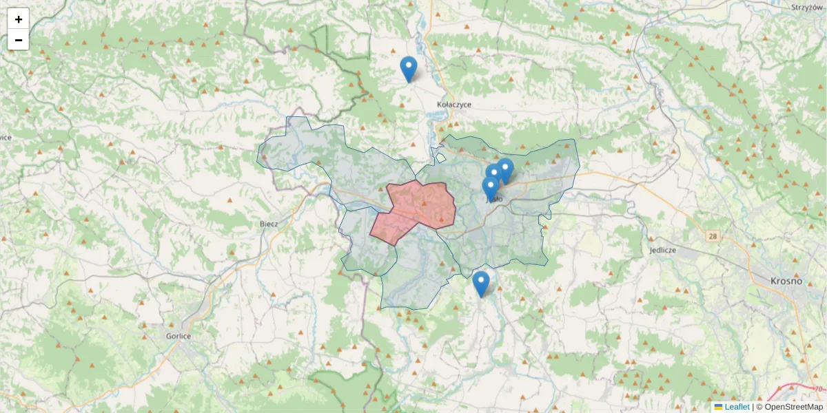 Szczegółowa mapa kodu pocztowego 38-207 z granicami, sąsiednimi kodami pocztowymi i urzędami pocztowymi