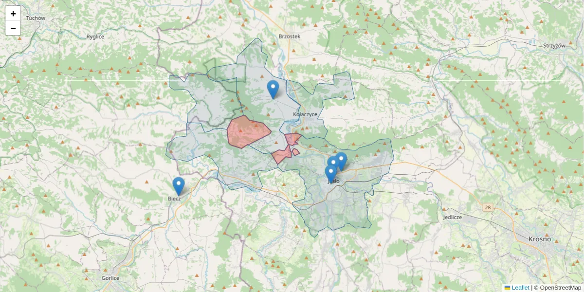 Szczegółowa mapa kodu pocztowego 38-211 z granicami, sąsiednimi kodami pocztowymi i urzędami pocztowymi