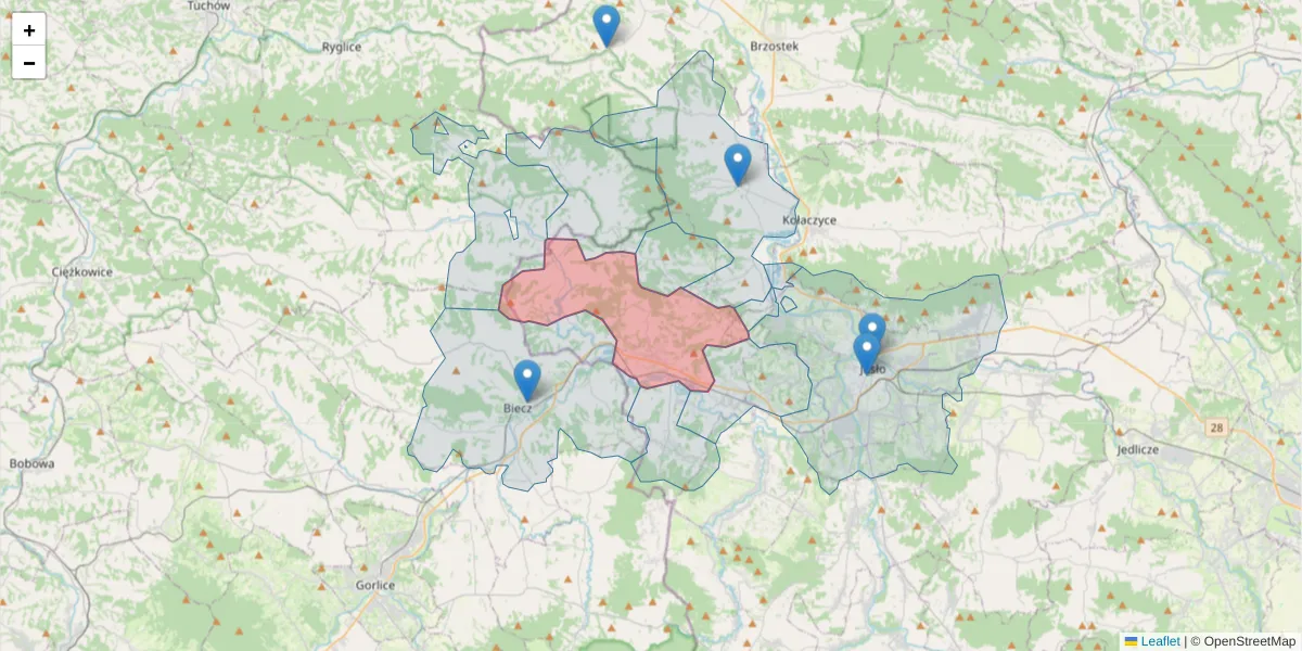 Szczegółowa mapa kodu pocztowego 38-242 z granicami, sąsiednimi kodami pocztowymi i urzędami pocztowymi
