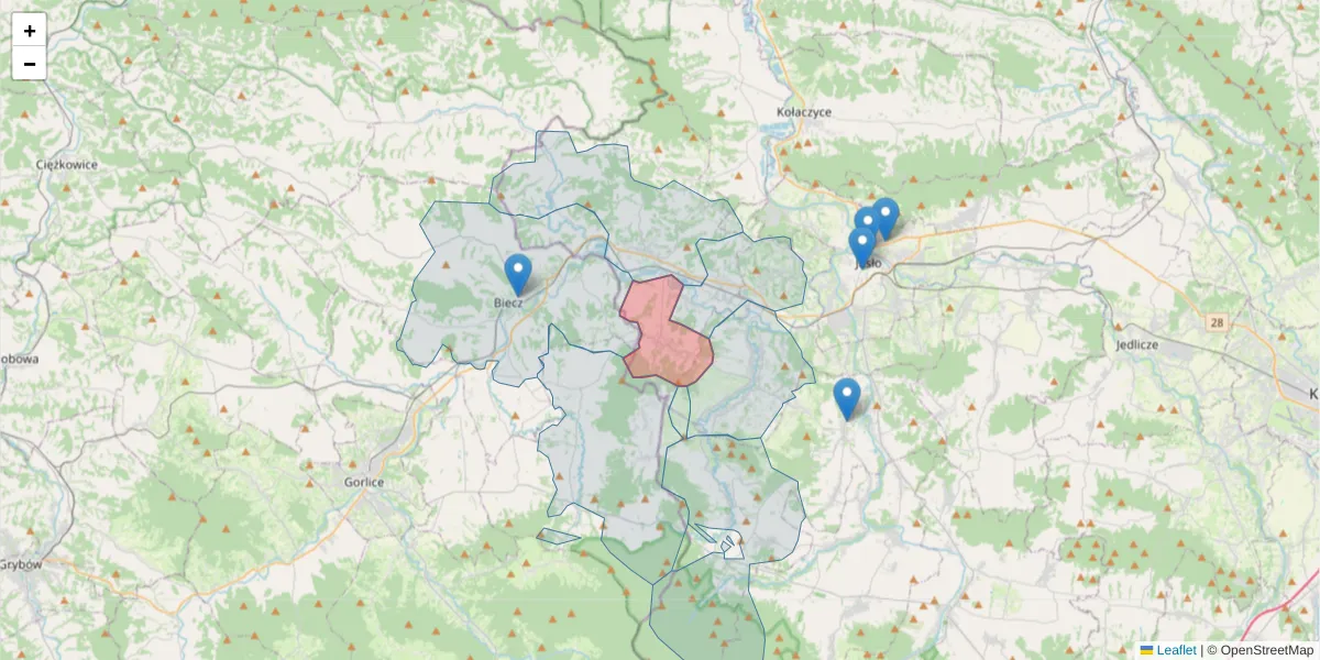 Szczegółowa mapa kodu pocztowego 38-243 z granicami, sąsiednimi kodami pocztowymi i urzędami pocztowymi