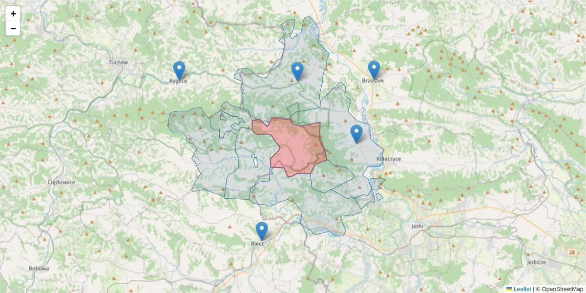 Szczegółowa mapa kodu pocztowego 38-245 z granicami, sąsiednimi kodami pocztowymi i urzędami pocztowymi