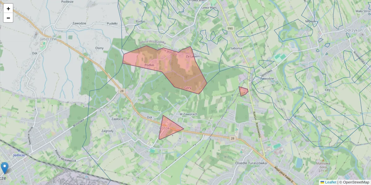 Szczegółowa mapa kodu pocztowego 38-404 z granicami, sąsiednimi kodami pocztowymi i urzędami pocztowymi