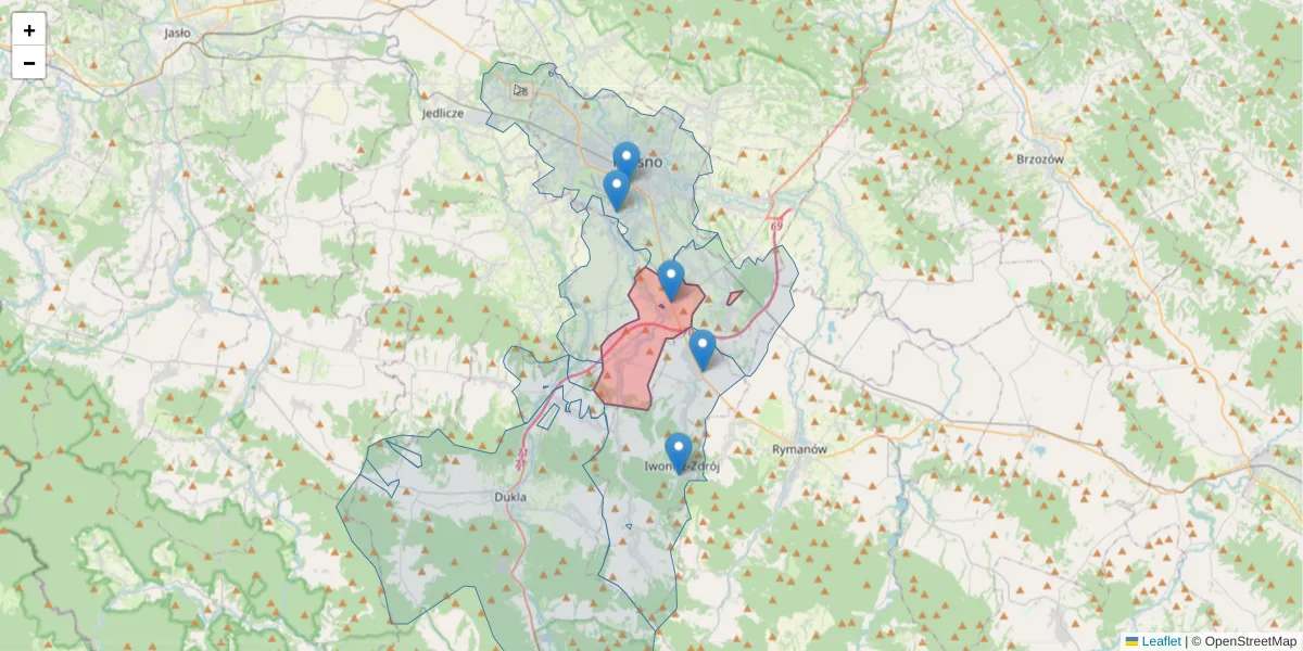 Szczegółowa mapa kodu pocztowego 38-430 z granicami, sąsiednimi kodami pocztowymi i urzędami pocztowymi