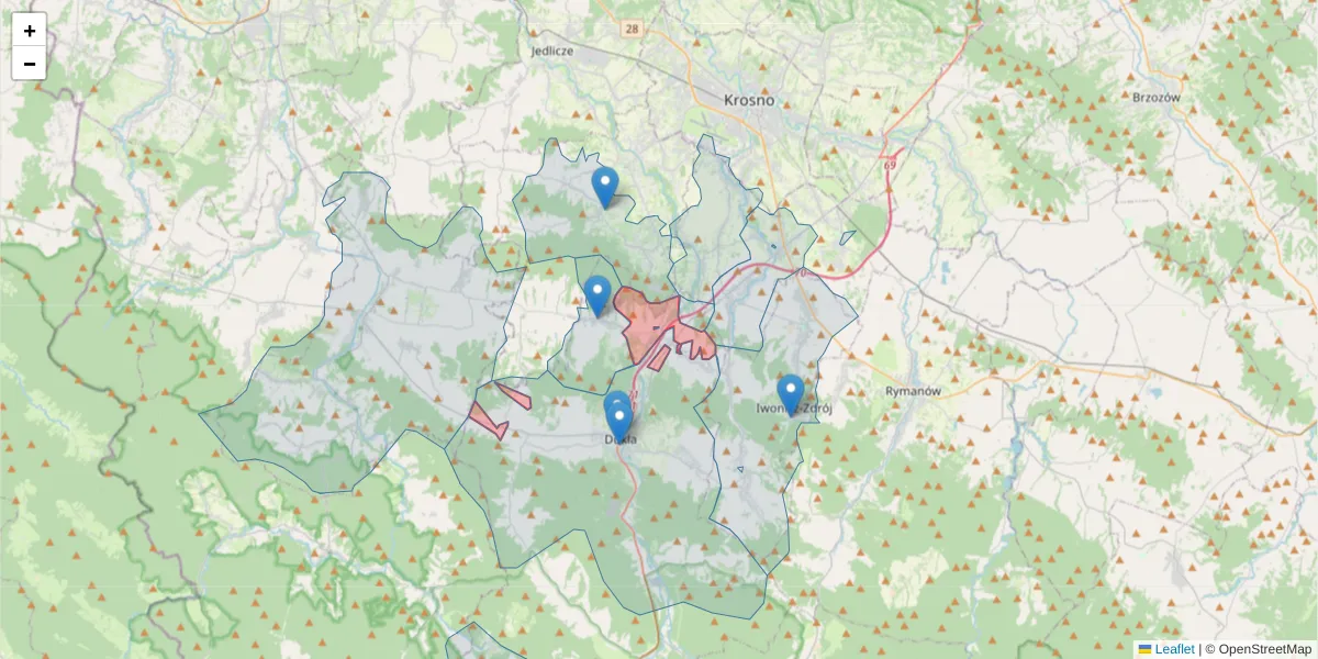 Szczegółowa mapa kodu pocztowego 38-451 z granicami, sąsiednimi kodami pocztowymi i urzędami pocztowymi