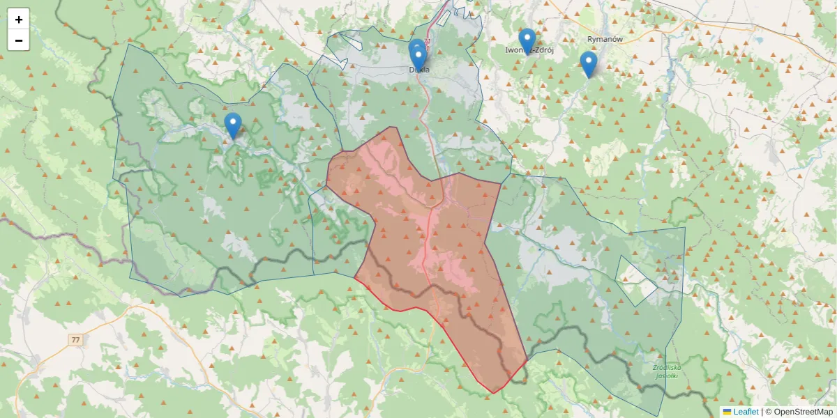 Szczegółowa mapa kodu pocztowego 38-454 z granicami, sąsiednimi kodami pocztowymi i urzędami pocztowymi