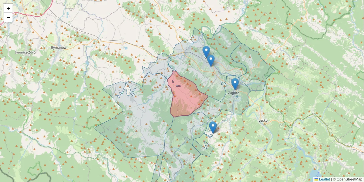 Szczegółowa mapa kodu pocztowego 38-504 z granicami, sąsiednimi kodami pocztowymi i urzędami pocztowymi