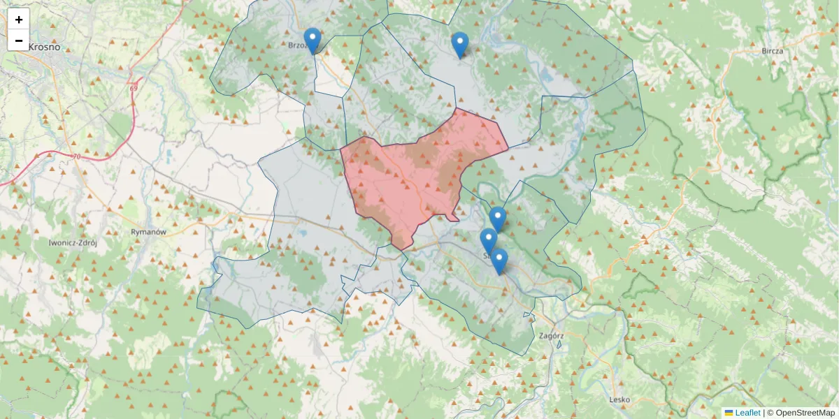Szczegółowa mapa kodu pocztowego 38-507 z granicami, sąsiednimi kodami pocztowymi i urzędami pocztowymi