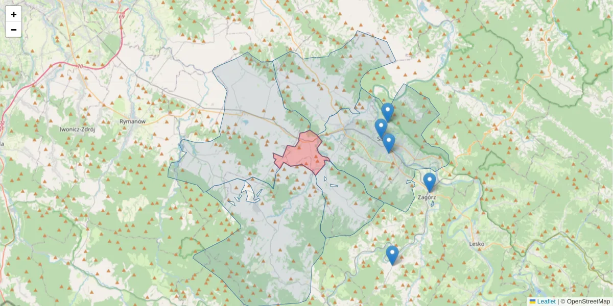 Szczegółowa mapa kodu pocztowego 38-533 z granicami, sąsiednimi kodami pocztowymi i urzędami pocztowymi