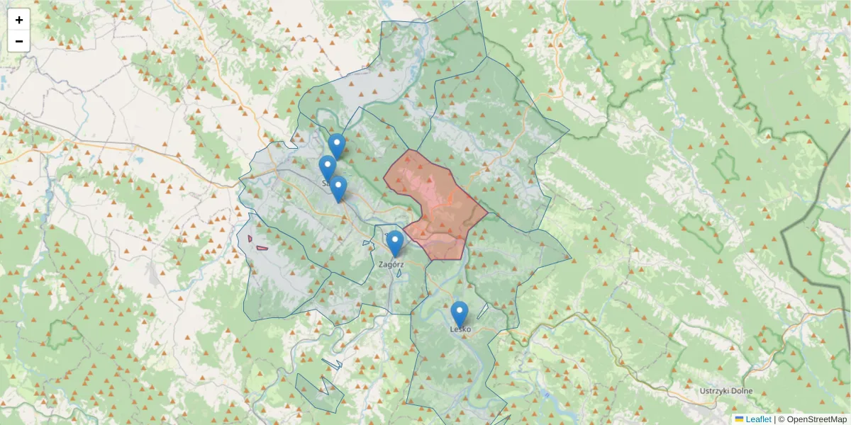 Szczegółowa mapa kodu pocztowego 38-534 z granicami, sąsiednimi kodami pocztowymi i urzędami pocztowymi