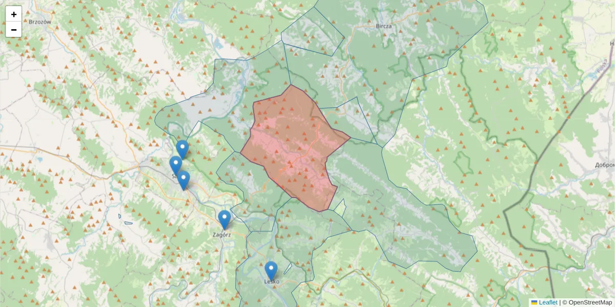 Szczegółowa mapa kodu pocztowego 38-535 z granicami, sąsiednimi kodami pocztowymi i urzędami pocztowymi