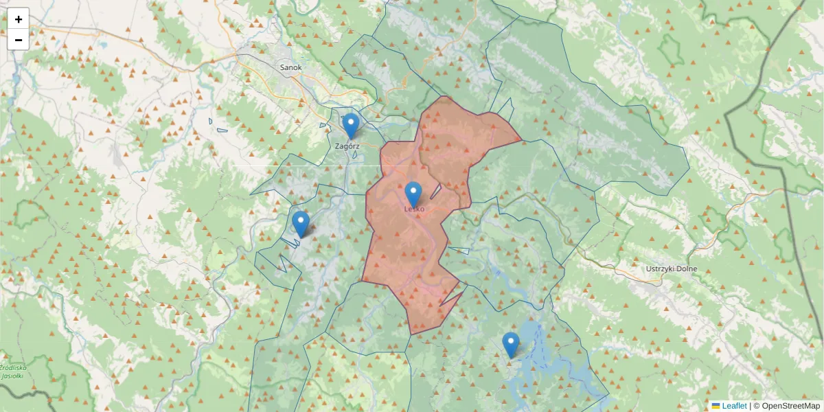 Szczegółowa mapa kodu pocztowego 38-600 z granicami, sąsiednimi kodami pocztowymi i urzędami pocztowymi