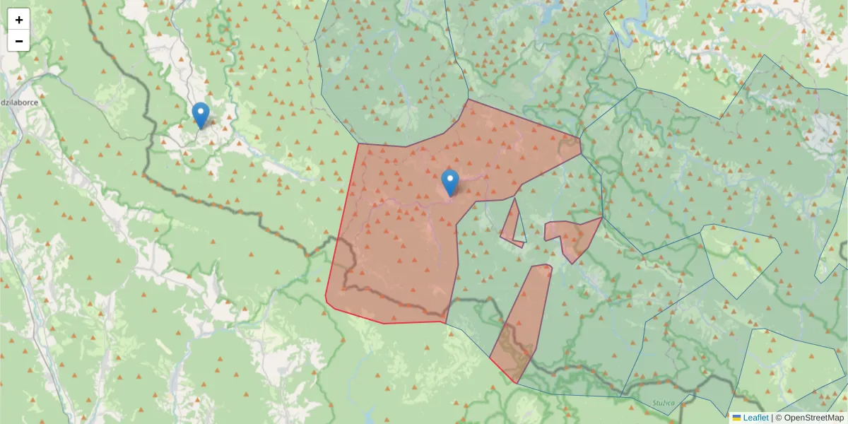 Szczegółowa mapa kodu pocztowego 38-607 z granicami, sąsiednimi kodami pocztowymi i urzędami pocztowymi
