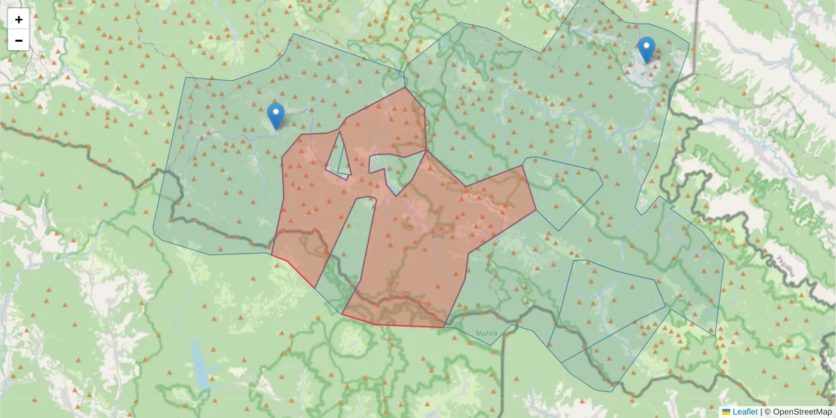Szczegółowa mapa kodu pocztowego 38-608 z granicami, sąsiednimi kodami pocztowymi i urzędami pocztowymi