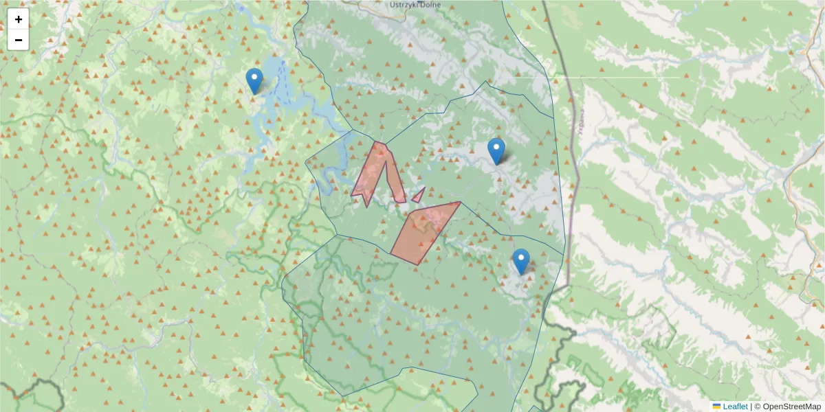 Szczegółowa mapa kodu pocztowego 38-709 z granicami, sąsiednimi kodami pocztowymi i urzędami pocztowymi