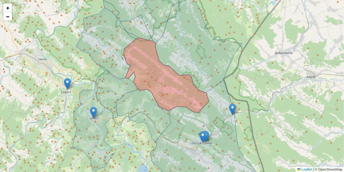 Szczegółowa mapa kodu pocztowego 38-711 z granicami, sąsiednimi kodami pocztowymi i urzędami pocztowymi