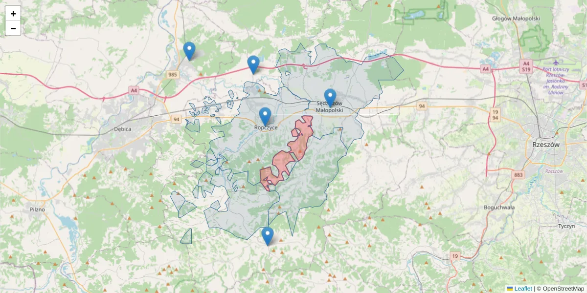 Szczegółowa mapa kodu pocztowego 39-105 z granicami, sąsiednimi kodami pocztowymi i urzędami pocztowymi