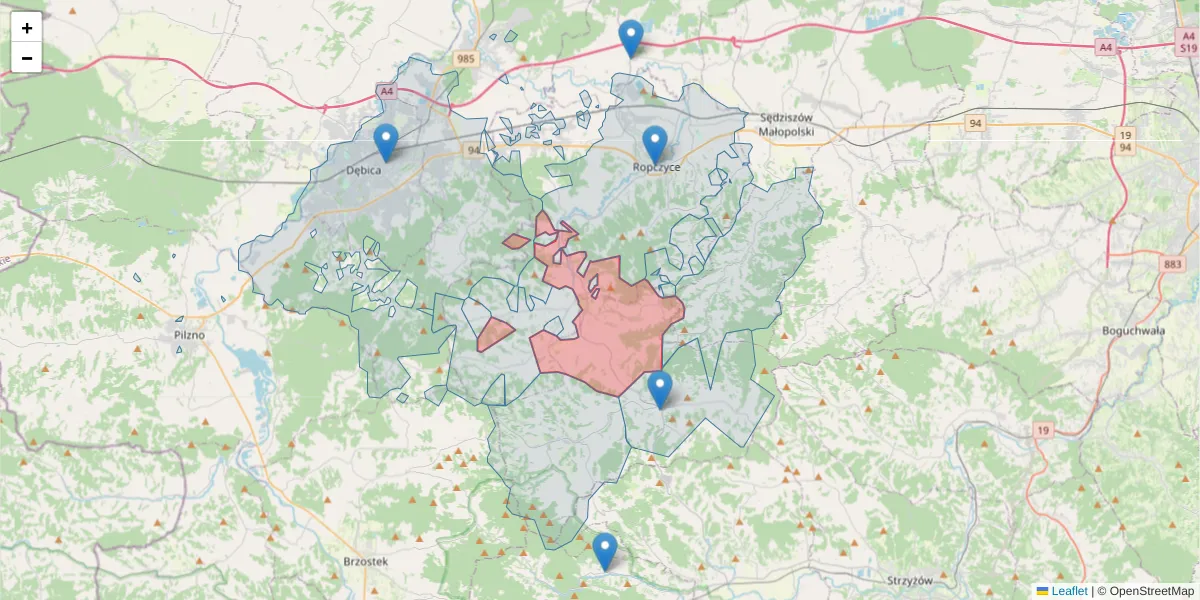 Szczegółowa mapa kodu pocztowego 39-106 z granicami, sąsiednimi kodami pocztowymi i urzędami pocztowymi
