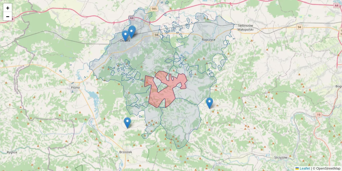 Szczegółowa mapa kodu pocztowego 39-107 z granicami, sąsiednimi kodami pocztowymi i urzędami pocztowymi