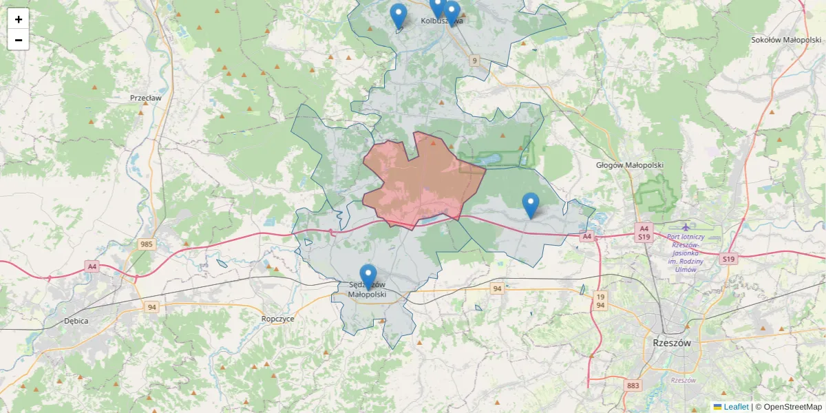 Szczegółowa mapa kodu pocztowego 39-123 z granicami, sąsiednimi kodami pocztowymi i urzędami pocztowymi