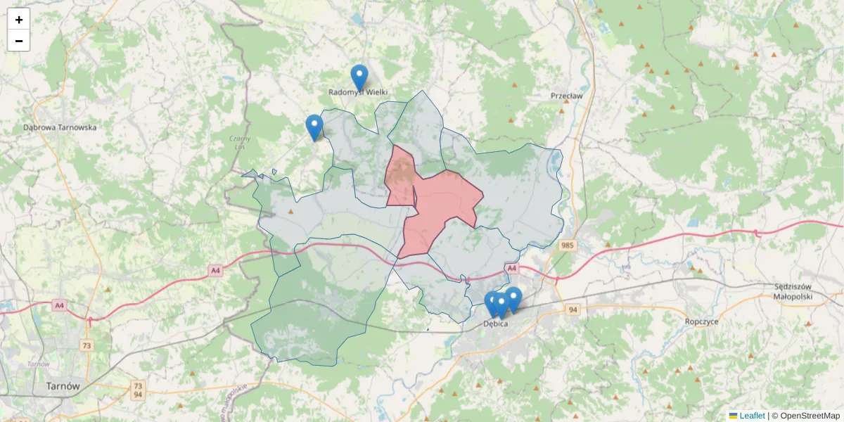 Szczegółowa mapa kodu pocztowego 39-209 z granicami, sąsiednimi kodami pocztowymi i urzędami pocztowymi
