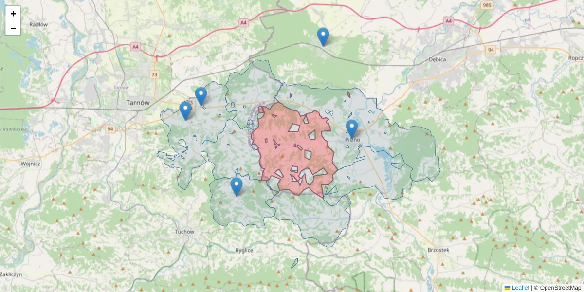 Szczegółowa mapa kodu pocztowego 39-221 z granicami, sąsiednimi kodami pocztowymi i urzędami pocztowymi