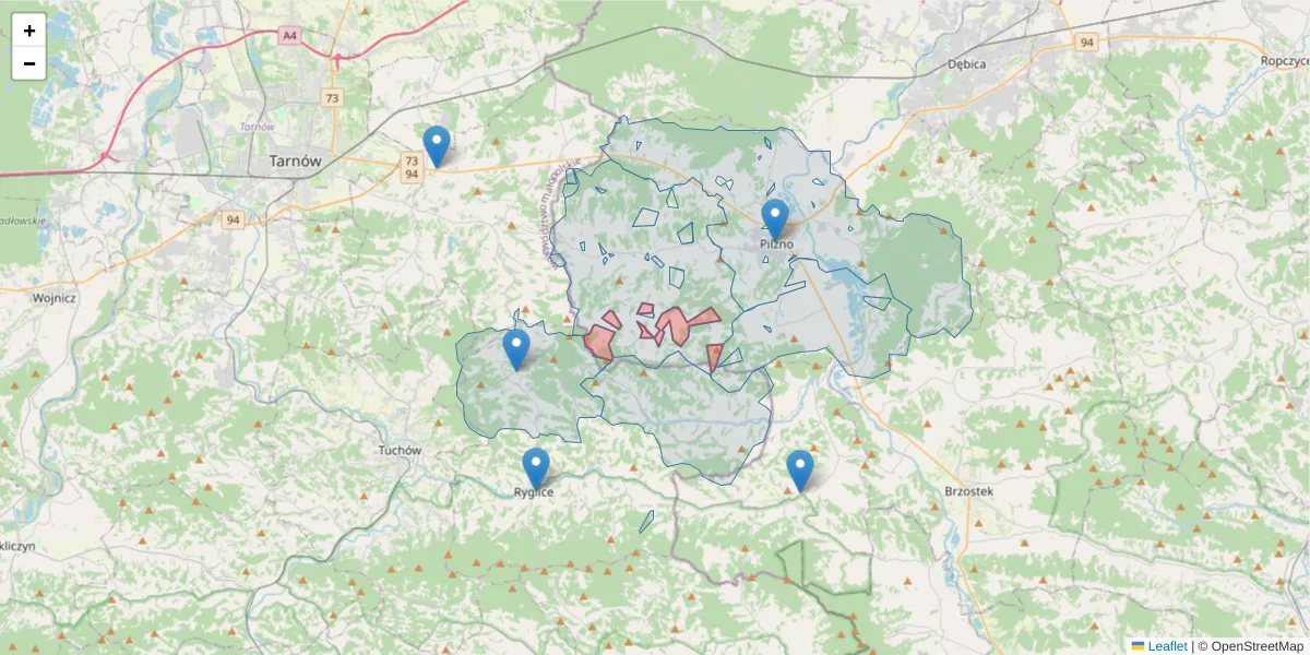 Szczegółowa mapa kodu pocztowego 39-222 z granicami, sąsiednimi kodami pocztowymi i urzędami pocztowymi