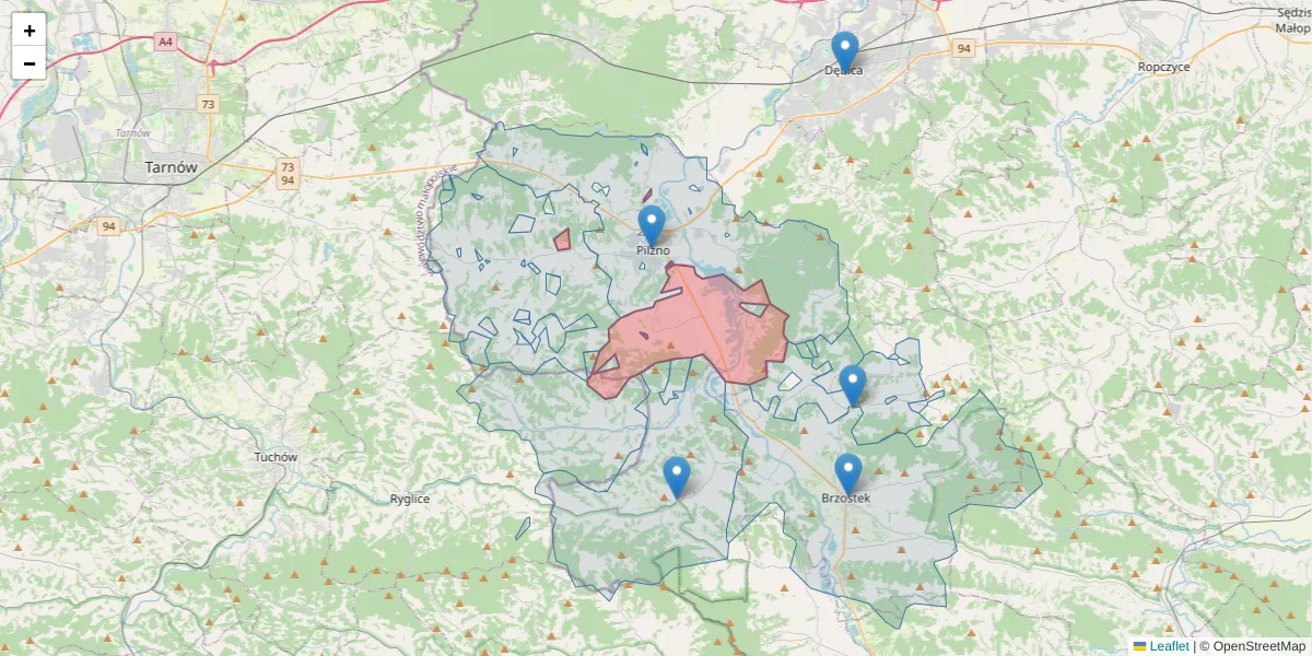 Szczegółowa mapa kodu pocztowego 39-223 z granicami, sąsiednimi kodami pocztowymi i urzędami pocztowymi