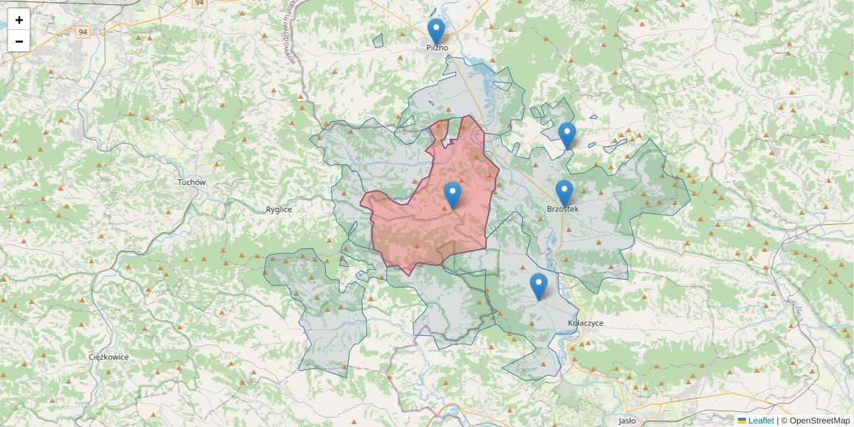 Szczegółowa mapa kodu pocztowego 39-225 z granicami, sąsiednimi kodami pocztowymi i urzędami pocztowymi