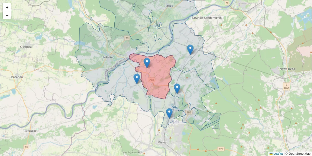 Szczegółowa mapa kodu pocztowego 39-307 z granicami, sąsiednimi kodami pocztowymi i urzędami pocztowymi