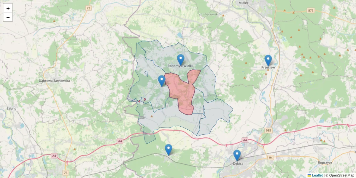 Szczegółowa mapa kodu pocztowego 39-311 z granicami, sąsiednimi kodami pocztowymi i urzędami pocztowymi