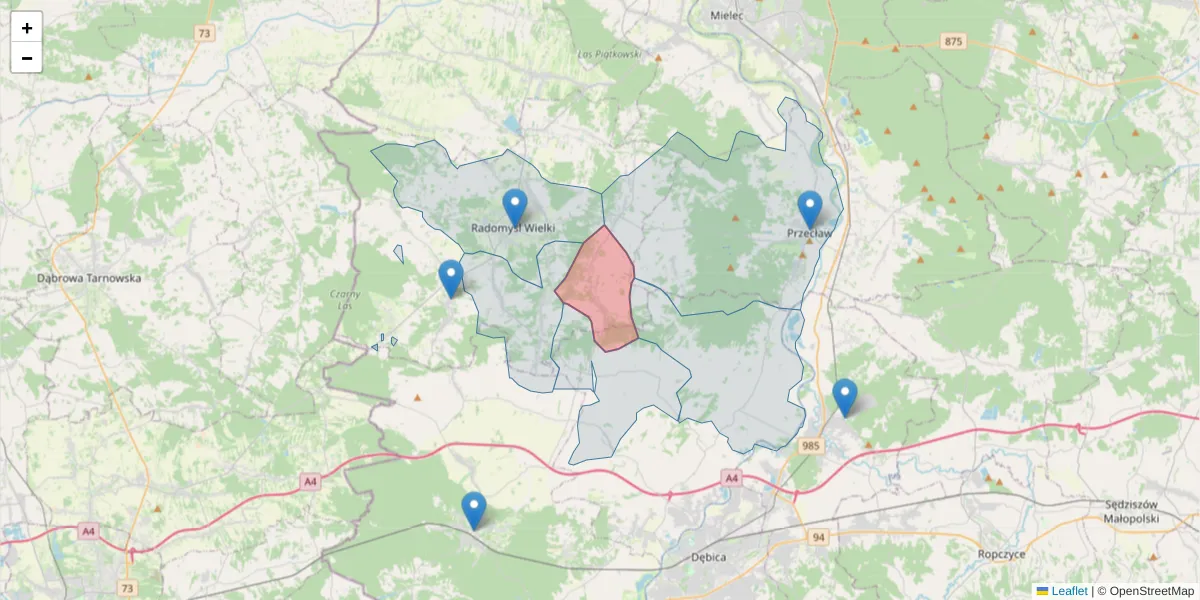 Szczegółowa mapa kodu pocztowego 39-315 z granicami, sąsiednimi kodami pocztowymi i urzędami pocztowymi