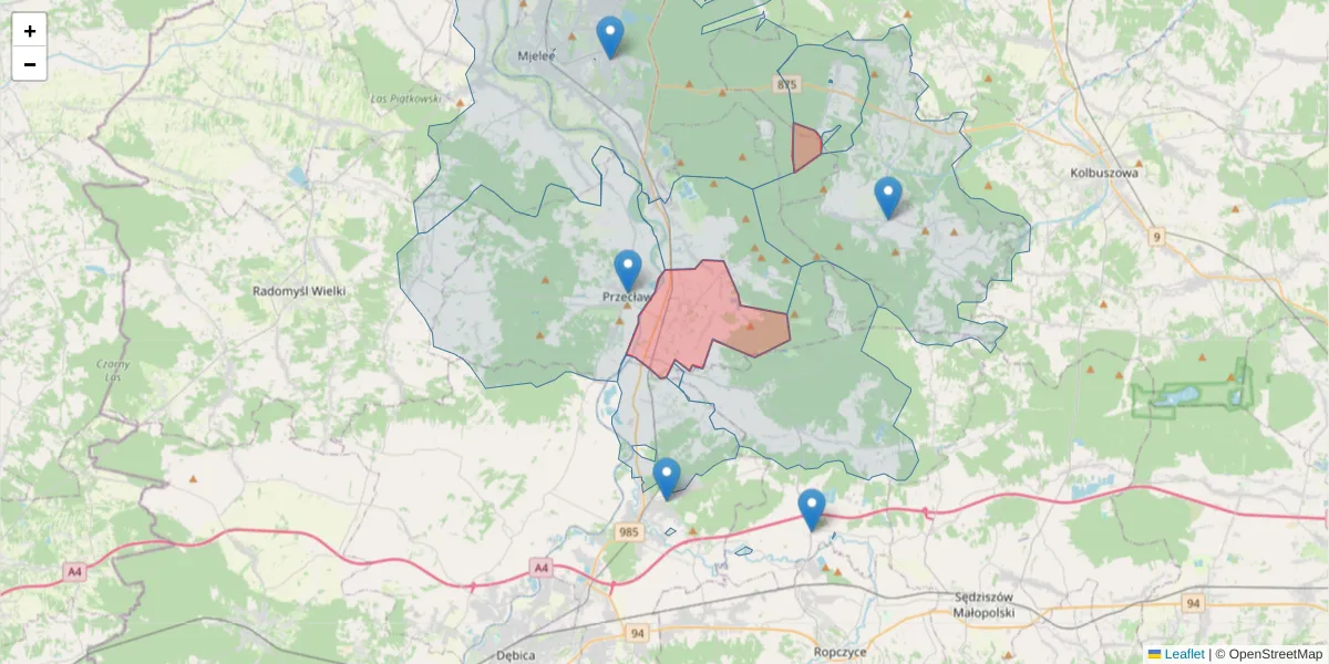 Szczegółowa mapa kodu pocztowego 39-321 z granicami, sąsiednimi kodami pocztowymi i urzędami pocztowymi
