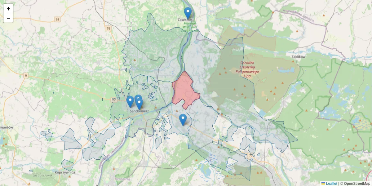 Szczegółowa mapa kodu pocztowego 39-433 z granicami, sąsiednimi kodami pocztowymi i urzędami pocztowymi