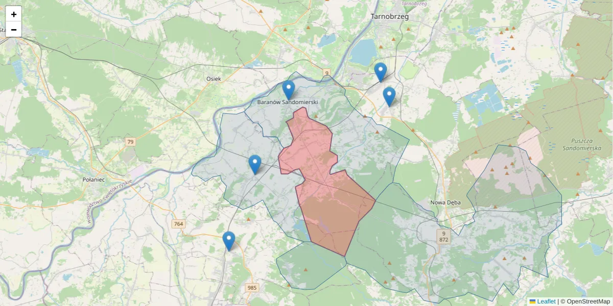 Szczegółowa mapa kodu pocztowego 39-451 z granicami, sąsiednimi kodami pocztowymi i urzędami pocztowymi