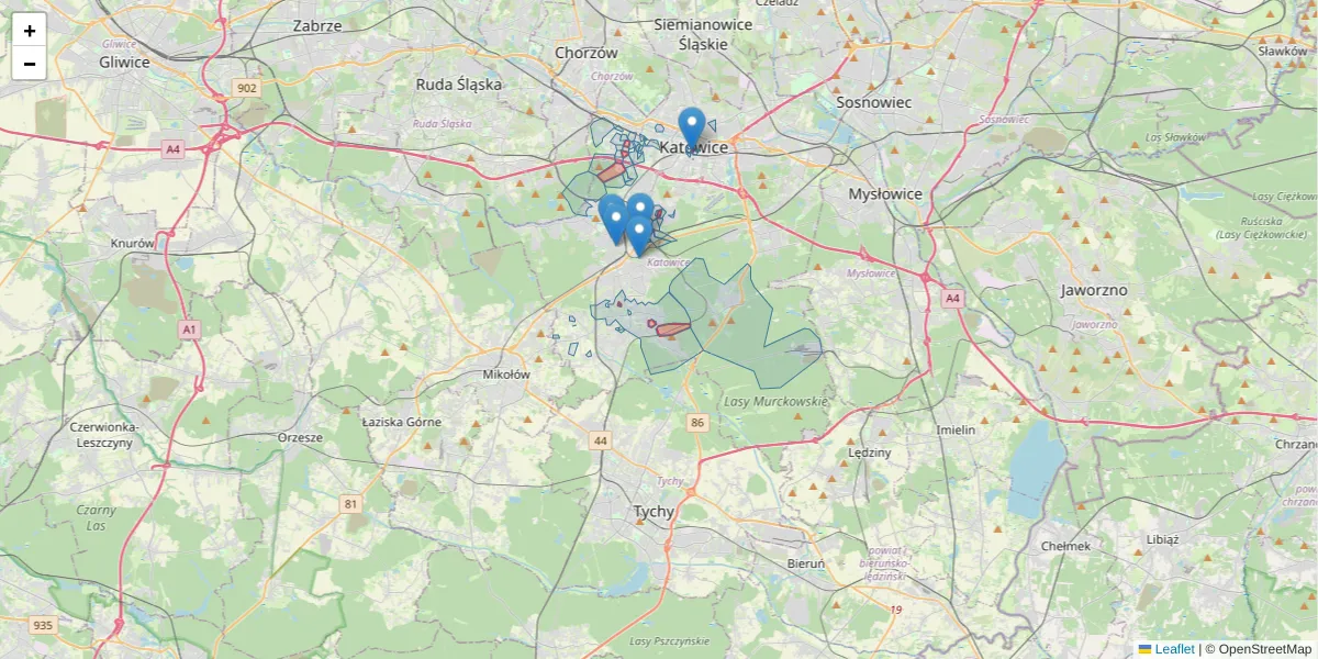 Szczegółowa mapa kodu pocztowego 40-002 z granicami, sąsiednimi kodami pocztowymi i urzędami pocztowymi